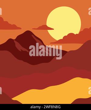 Sonnenuntergang In Den Orange Mountains Abstrakte Minimalistische Kunst-Vektor-Illustration Stock Vektor