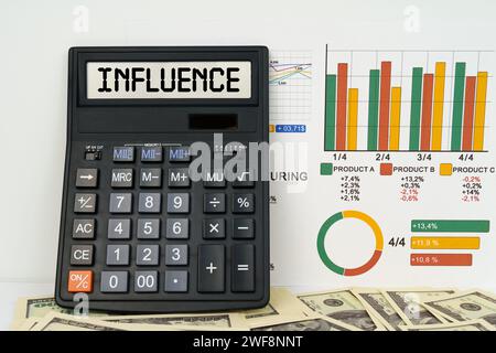 Geschäftskonzept. Auf dem Tisch stehen Finanzberichte, Dollar und ein Rechner mit der Aufschrift - EINFLUSS Stockfoto
