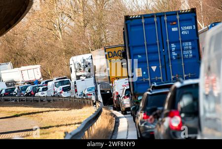 Hamburg, Deutschland. Januar 2024. Autos und Lkw stecken auf der Autobahn A255 in Staus. Die Bauernproteste haben den Straßenverkehr in Hamburg an mehreren Stellen zum Stillstand gebracht, manchmal für mehrere Stunden. Quelle: Daniel Bockwoldt/dpa/Daniel Bockwoldt/dpa/Alamy Live News Stockfoto