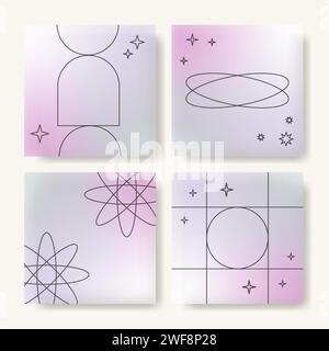 Setzen Sie futuristische Hintergründe mit Mesh-Verlaufshintergrund, geometrischen Drahtmodellformen.abstrakte quadratische Abdeckungen in y2k-Ästhetik für soziale Medien.trendy Stock Vektor