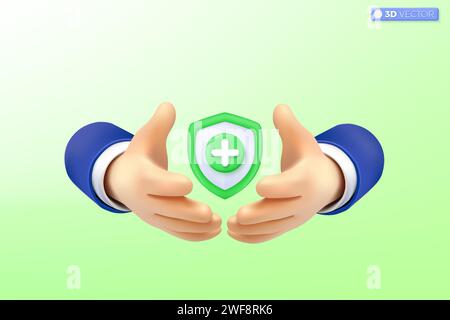 Symbol für 3D-Handhalterung zum Schutz des medizinischen Schutzes. Immun, Health Cross, Healthcare Security, Sicherheitsabzeichen, Krankenversicherungskonzept. 3D-Vektorisolat Stock Vektor