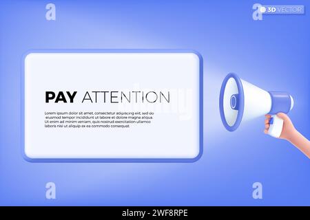 3D-Megaphon-Lautsprecher und Symbol ACHTUNG BEACHTEN. Lautsprecher kündigen Rabattaktion an, verkaufen Sie reduzierte Preise, Marketing Time Concept. 3D-Vektor ist Stock Vektor