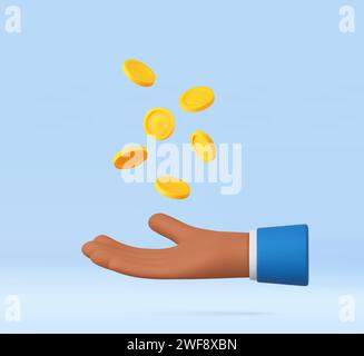 3D Hand mit Münzen fliegen. Stock Vektor