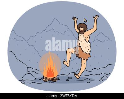 Ein indigener Mann tanzt nahe dem Feuer in der Natur. Männliche Stammesvorfahren am Lagerfeuer in Berglandschaft. Vektordarstellung. Stock Vektor