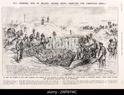 Eine Zeichnung von Bryan de Grineau, die den Horror des Konzentrationslagers Bergen-Belsen nach seiner Befreiung durch die alliierten Streitkräfte im Jahr 1945 zeigt. De Grineau war als Kriegskünstler bei der Illustrated London News angestellt, wo dieses Bild veröffentlicht wurde Stockfoto