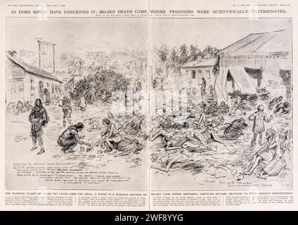 Eine Zeichnung von Bryan de Grineau, die den Horror des Konzentrationslagers Belsen nach seiner Befreiung durch die alliierten Streitkräfte im Jahr 1945 zeigt. De Grineau war als Kriegskünstler bei der Illustrated London News angestellt, wo dieses Bild veröffentlicht wurde Stockfoto