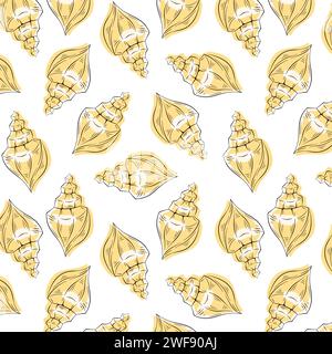 Nahtloses Meeresmuster aus Muscheln im Line Art Stil. Vektor-Unterwasserillustration auf weißem Hintergrund. Stock Vektor