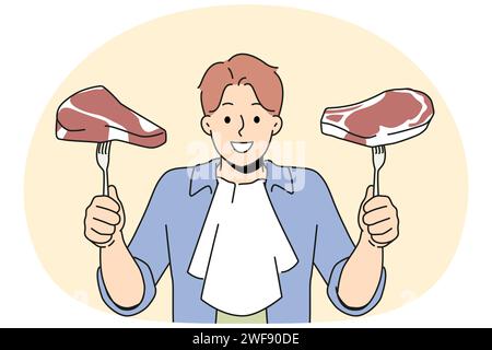 Ein lächelnder Mann, der Steaks auf einer Gabel in den Händen hält. Ein glücklicher Mann, bereit, frisches Fleisch zu essen, begeistert vom köstlichen Abendessen. Ernährung und Diätkonzept. Vektordarstellung. Stock Vektor