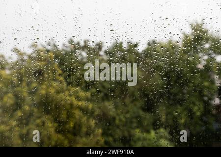 Wassertropfen auf das Fenster. Tropfen Regen auf dem Fensterglas auf verschwommenem Hintergrund. Das Glasfenster am regnerischen Tag und grüner Unschärfenhintergrund draußen Stockfoto