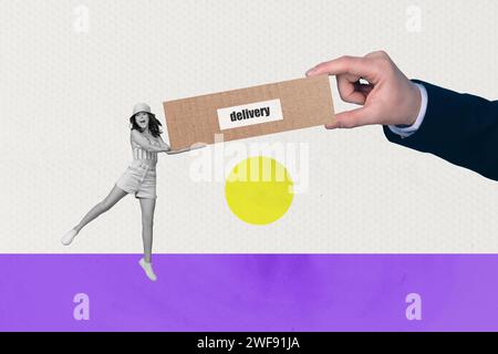 Collage kreative Poster Illustration schwarz weiß Filter glücklich aufgeregt Freude junge Frau halten Lieferung Hand gelegt große Box bunte Vorlage Stockfoto