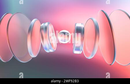 Abstrakter Hintergrund kreisförmiger Glaslinsen mit Reflexionen und Brechungen. 3D-Rendering Stockfoto