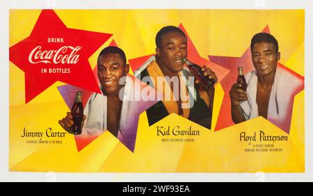 Coca-Cola Vintage Werbetoster aus dem Jahr 1950 mit Boxing Champions Floyd Patterson, Kid Gavilan und Jimmy Carter Stockfoto