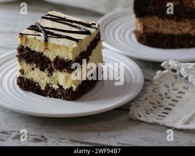 Ein Stück Schokoladenkuchen und Käsekuchen auf einem Teller Stockfoto