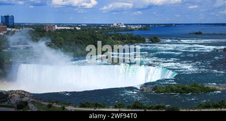 Niagara Falls, Onterio, Kanada - 30. Juli 2023: Blick von einem Hotelzimmer auf die Horseshoe Falls, den Niagsra River und die Skyline von New York. Stockfoto