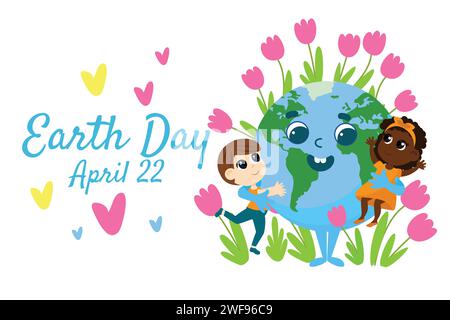 Postkarte zum Tag der Erde. Die Erde mit einem fröhlichen Gesicht umarmt einen internationalen Jungen und ein internationales Mädchen, und daraus wachsen Pflanzen, Blumen. Stock Vektor