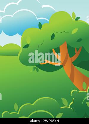 Landschaft mit grünen Wiesen und Bäumen, Himmel mit Wolken im Cartoon-Stil. Schöner sonniger Tag in der Natur. Vertikale Illustration des Sommers oder des Frühlings. Stock Vektor