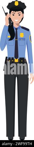 Standing American Policewoman Officer mit Walkie-Talkie in traditioneller Uniform-Charakterfigur im flachen Stil. Stock Vektor