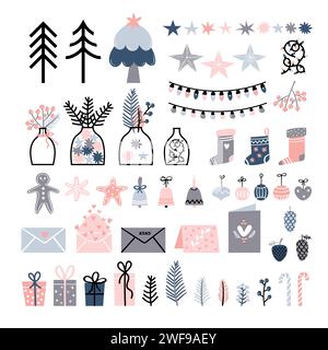Set handgezeichneter Weihnachts- und Neujahrselemente. Weihnachtskugeln, Geschenke, weihnachtsbaum. Weihnachtsdesign. Vektorabbildung Stock Vektor