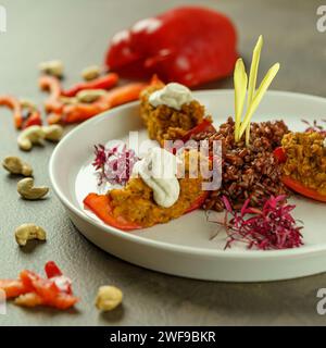 Elegantes Restaurant mit veganem Dhal und Nudeln Stockfoto