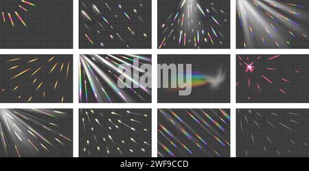 Set mit Regenbogenwinkel-Prisma-Regenbogenlichteffekten. Stock Vektor