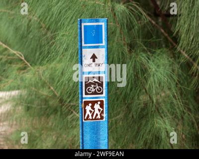 Farblich gekennzeichneter Pfosten-Signalweg, der für Mountainbiker und Wanderer geöffnet ist (gemeinsamer Weg). Stockfoto