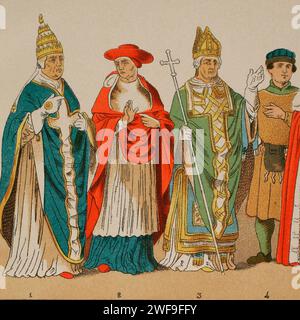 Geschichte Italiens. 1300. Von links nach rechts, 1: Papst, 2: kardinal, 3: erzbischof, 4: Bürger. Chromolithographie. "Historia Universal", von César Cantú. Band VI, 1885. Stockfoto