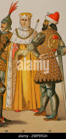 Geschichte Italiens. 1300. Von links nach rechts, 17: Römischer Senator, 18: Doge von Venedig. Chromolithographie. "Historia Universal", von César Cantú. Band VI, 1885. Stockfoto