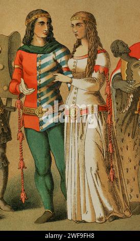 Geschichte Deutschlands. 1350-1400. Edelmann und Dame. Chromolithographie. Details. "Historia Universal", von César Cantú. Band VI, 1885. Stockfoto