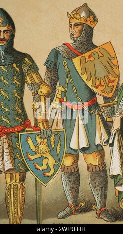 Rechts: Ludwig IV. Von Bayern (1282-1347). Römischer Kaiser (1328-1347). Links: Günther von Schwarzburg (ca. 1304-1349). König von Deutschland 1349. Chromolithographie. "Historia Universal", von César Cantú. Band VI, 1885. Stockfoto