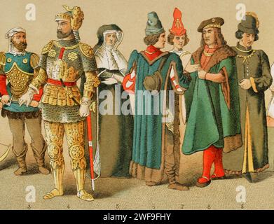 Geschichte Frankreichs. 1400. Von links nach rechts, 3-4: ritter, 5: Trauerkleid, 6-7-8-9: Adlige. Chromolithographie. "Historia Universal", von César Cantú. Band VI, 1885. Stockfoto