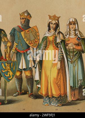 Geschichte Deutschlands. 1300-1350. Von links nach rechts 12: Ludwig IV. Der Bayerische (1282–1347), 13: Königin, 14: dame. Chromolithographie. "Historia Universal", von César Cantú. Band VI, 1885. Stockfoto