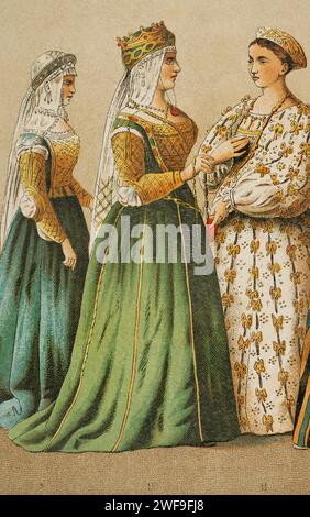 Geschichte Italiens. 1400. Königin von Zypern, flankiert von Adelsfrauen. Chromolithographie. "Historia Universal", von César Cantú. Band VI, 1885. Stockfoto