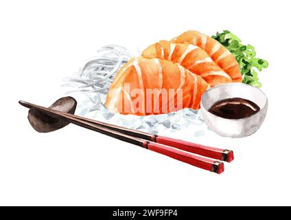 Japanischer Lachs Sashimi, handgezeichnete Aquarellillustration, isoliert auf weißem Hintergrund Stockfoto