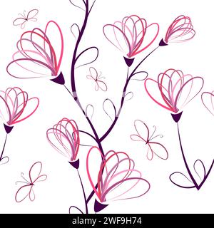 Nahtloses Muster von Blumen aus einer Linie. Handgezeichnet. Nicht AI. Vektorabbildung Stock Vektor