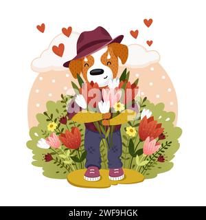 Glücklicher Hund mit Blumenstrauß. Vektorabbildung Stock Vektor