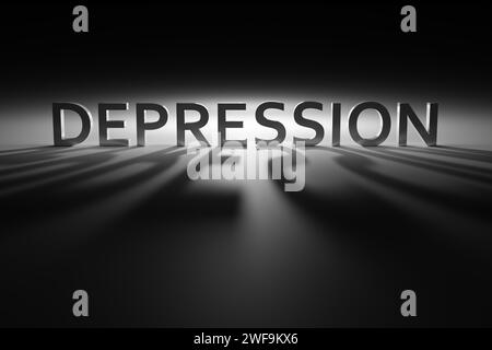 Das Wort DEPRESSION löst sich in der kontrastreichen dunklen Umgebung auf. Stockfoto
