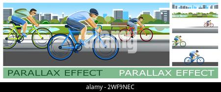 Sportfahrrad. Stadtpark. Objektträgersatz für Parallaxeneffekt. Lustiger Zeichentrickstil. Bildvektor Stock Vektor
