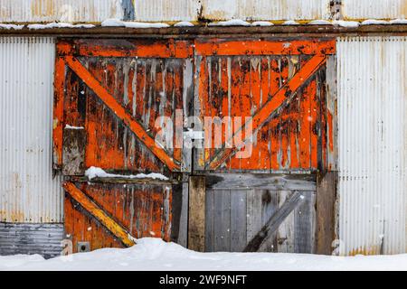 Farbenfrohe Tür an einem alten Getreideaufzug entlang des White Pine Trail State Park in Mecosta County, Michigan, USA [keine Freigabe des Eigentums; redaktionelle Lizenz Stockfoto