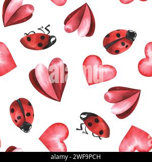 Marienkäfer und rote Herzen. Handgezeichnete Illustration mit Aquarell. Nahtloses Muster. valentinstag-Konzept. Für Textil, Stoff, Tapeten, Web, Packag Stockfoto