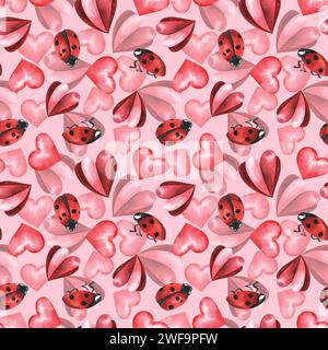 Marienkäfer und rote Herzen. Handgezeichnete Illustration mit Aquarell. Nahtloses Muster. valentinstag-Konzept. Für Textil, Stoff, Tapeten, Web, Packag Stockfoto