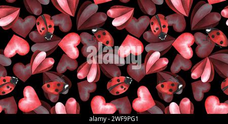 Marienkäfer und rote Herzen. Handgezeichnete Illustration mit Aquarell. Nahtloses Muster. valentinstag-Konzept. Für Textil, Stoff, Tapeten, Web, Packag Stockfoto