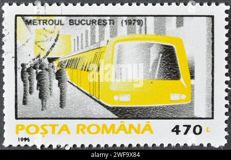 Gestempelte Briefmarke, gedruckt von Rumänien, die Bukarest Underground zeigt, um 1995. Stockfoto