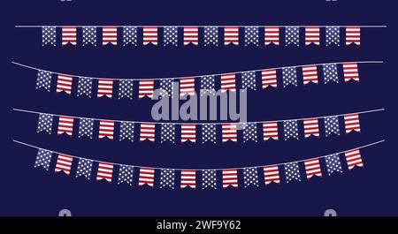 USA Fahnen bunting, Girlande, Streamer Vektor Set. Flache dekorative Partybanner im Stil von US-amerikanischen Flaggen. Designelement für Stock Vektor