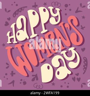 Happy Women Day Hand gezeichneter farbenfroher Schriftzug. Vektordesign in runder Form mit abstrakten Elementen. Stock Vektor
