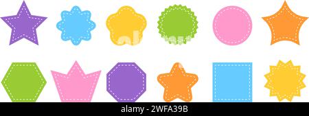 Set aus verschiedenen geometrischen Grundformen mit gepunkteten Stichen. Bunte leere Tags, Patches, Aufkleber, Textfelder, Preisetiketten, aktionscode-Abzeichen isoliert auf weißem Hintergrund. Illustration der Vektorabwicklung Stock Vektor