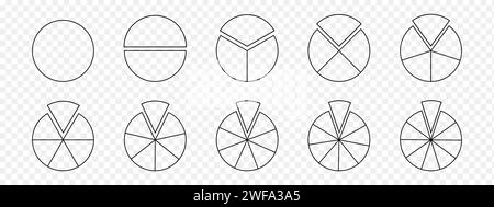 Set aus Donut- oder Tortendiagrammen mit getrennten Fragmenten. Kreis teilt sich auf gleiche Teile von 1 bis 10. Runde Formen, die in Schichten geschnitten werden, die auf transparentem Hintergrund isoliert sind. Vektorkontur, Abbildung Stock Vektor