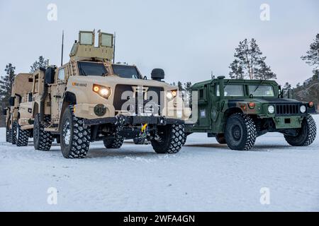 Joint Light Tactical Vehicles des U.S. Marine Corps und M1123 Humvees mit Combat Logistics Battalion (CLB) 6, Combat Logistics Regiment 2, 2nd Marine Logistics Group, werden während eines rutschigen Straßentrainings im Rahmen der Marine Rotational Forces Europe (MRF-E) 24,1 in Setermoen, Norwegen, durchgeführt. 2024. CLB-6 befindet sich in Norwegen als Teil der MRF-E, die sich auf regionale Engagements in ganz Europa konzentriert, indem verschiedene Übungen durchgeführt werden, Schulungen für arktische Kälte- und Bergkriegsführung sowie militärisch-militärische Engagements, die die Interoperabilität des US-Marine Corps mit Verbündeten und verbessern Stockfoto