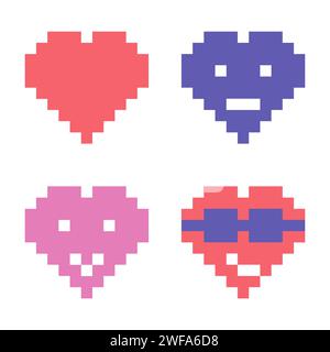 Satz von verschiedenen bunten Herzen Emoticon oder Emoji in Pixel Art Stil, Vektor Illustration Stock Vektor