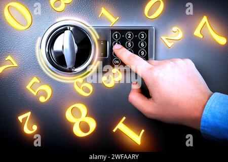 Mann drückt Tasten auf der Tastatur, um Stahl sicher zu verriegeln, Nahaufnahme. Zahlen, die die Codekombination symbolisieren, die herumfliegt Stockfoto