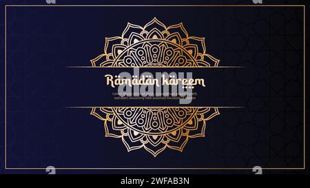 Ramadan Kareem in luxuriösem Stil mit goldenem Mandala auf dunklem Hintergrund. Für Grußkarte, Banner, Einladung und Poster Stock Vektor